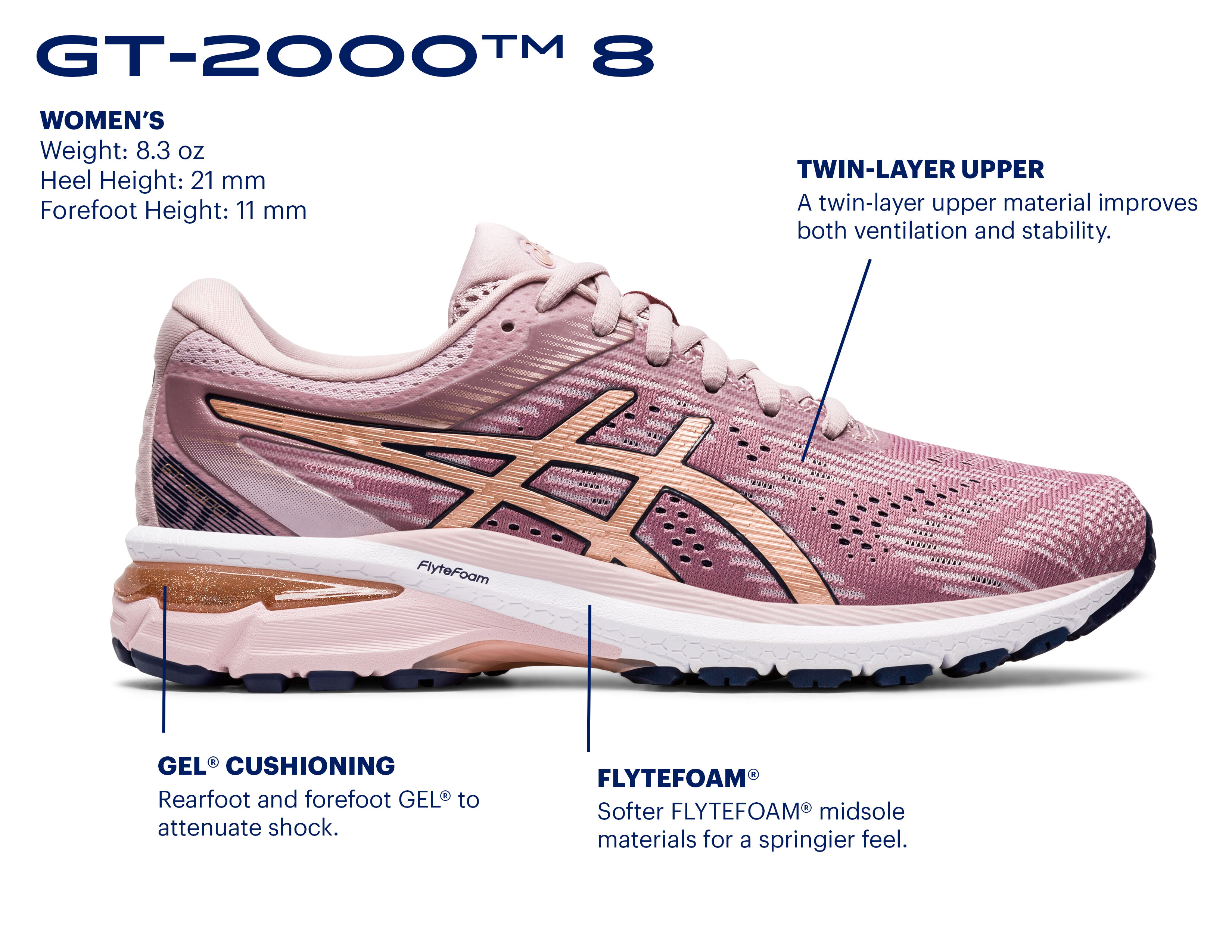 Women's GT-2000 8 | Watershed Rose/Rose G Old | Running Shoes | ASICS